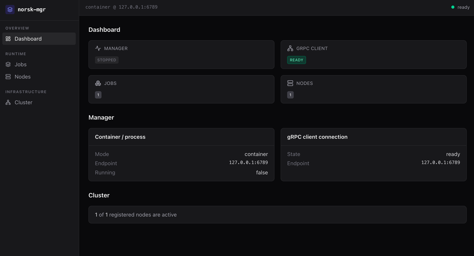 The Norsk Manager console: node inventory, workload scheduling and status monitoring across cloud, hybrid, and on-prem infrastructure