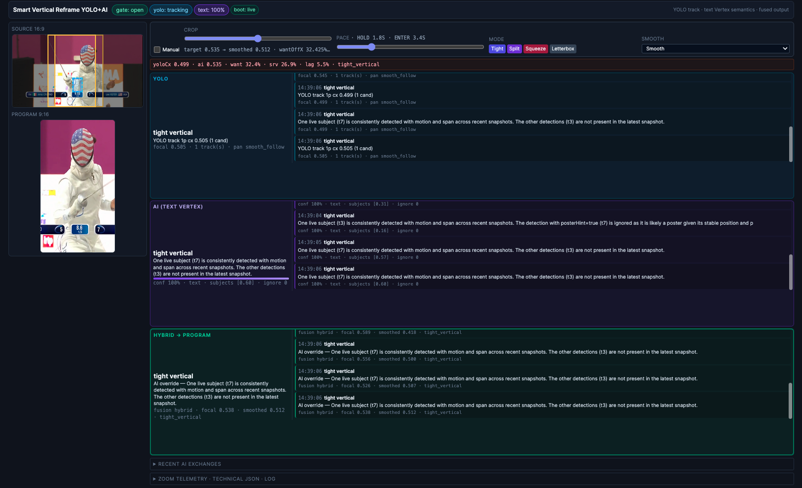 The Norsk Reasoning dashboard: AI smart subject detection and text-vertex reasoning fused into a live smart-vertical-reframe decision, with 16:9 source and 9:16 program previews