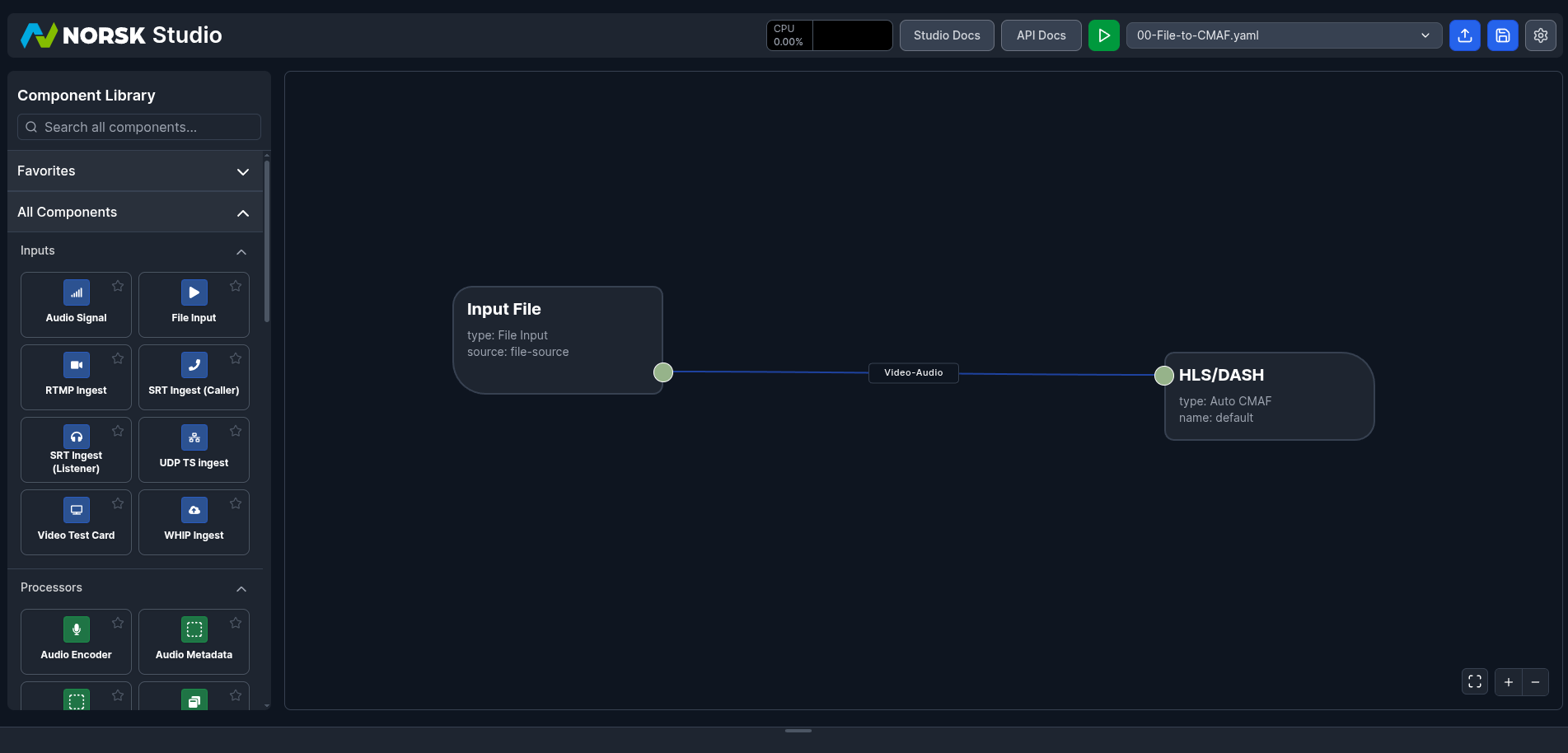 A file-to-CMAF workflow on the Norsk Studio canvas