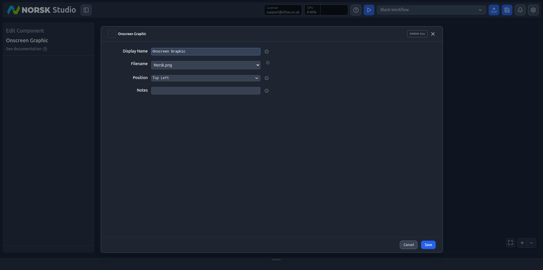 The Onscreen Graphic edit panel with a filename and Top Left position