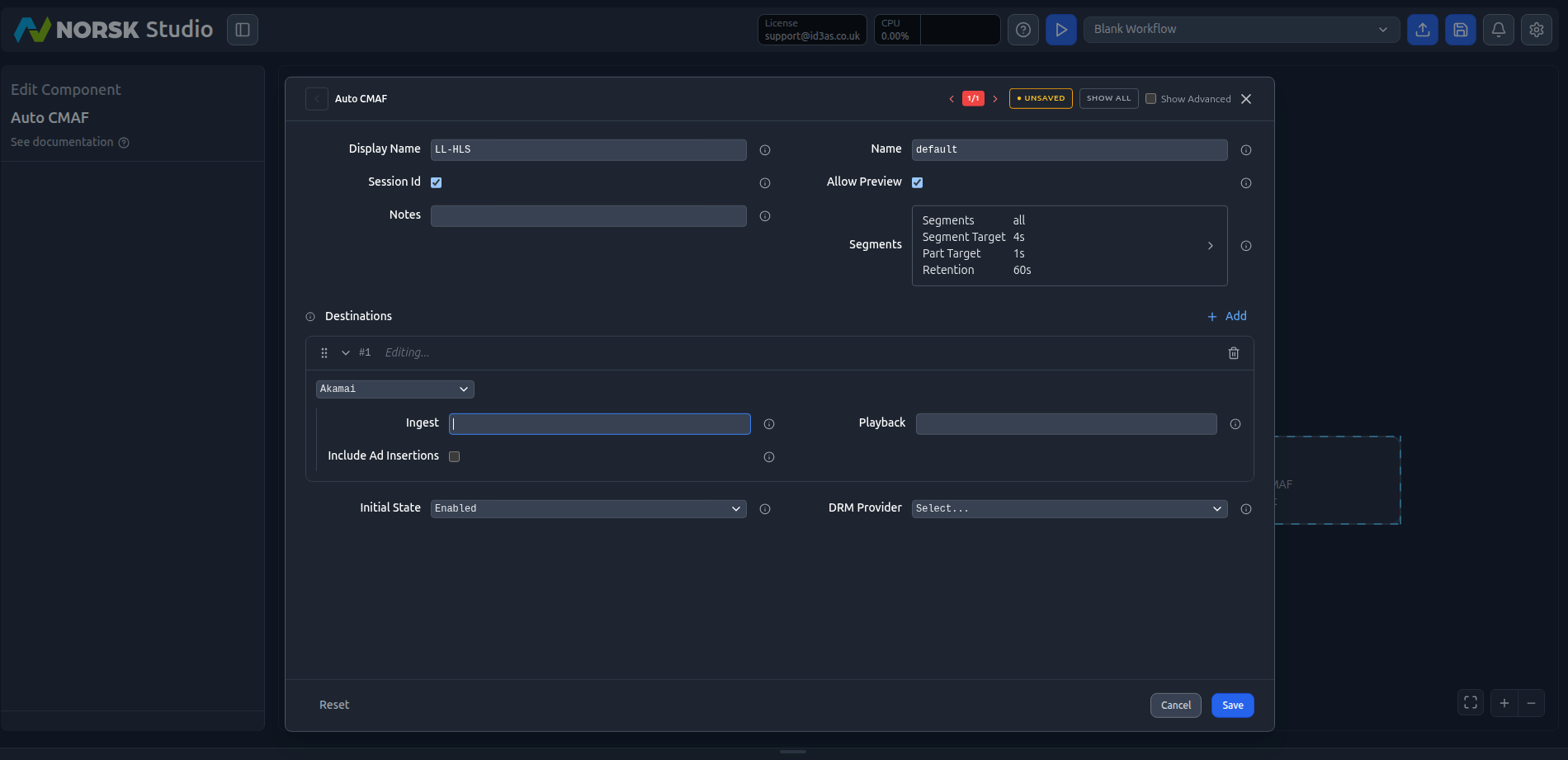 The Auto CMAF edit panel with segment settings and a CDN destination