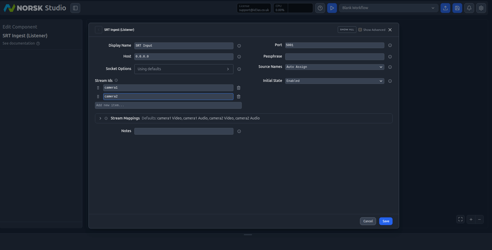 The SRT Ingest edit panel with two stream IDs, camera1 and camera2