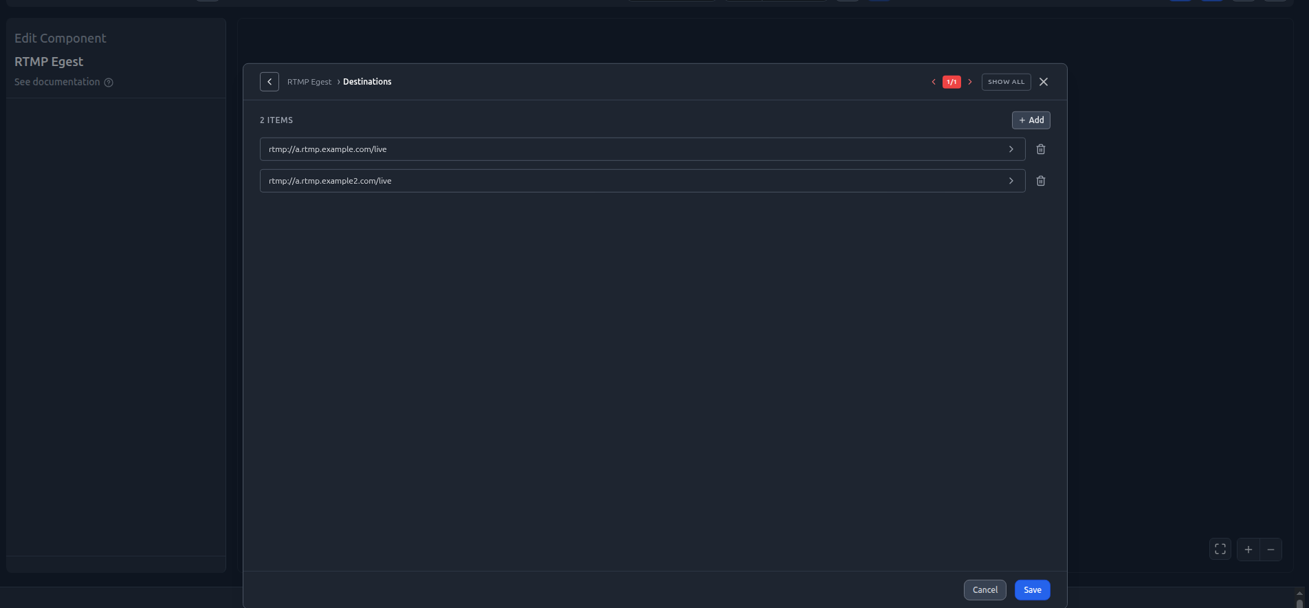 The RTMP Egest component with two destination URLs