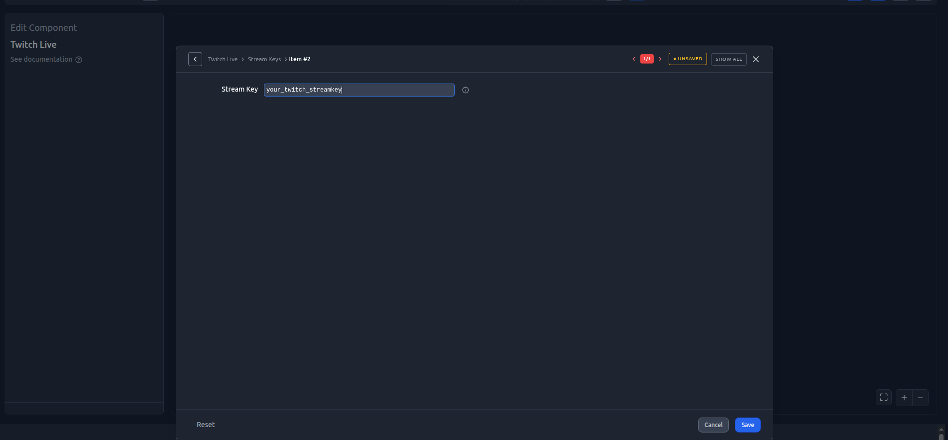 The Twitch Live component with a stream key