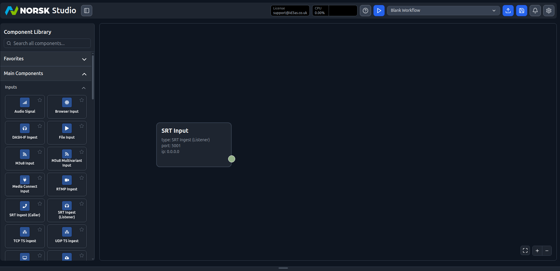 An SRT Input component on the Norsk Studio canvas