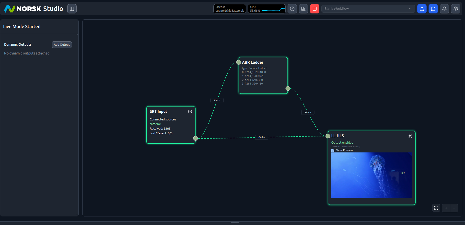 The SRT workflow running live, with a preview of the stream on the output component